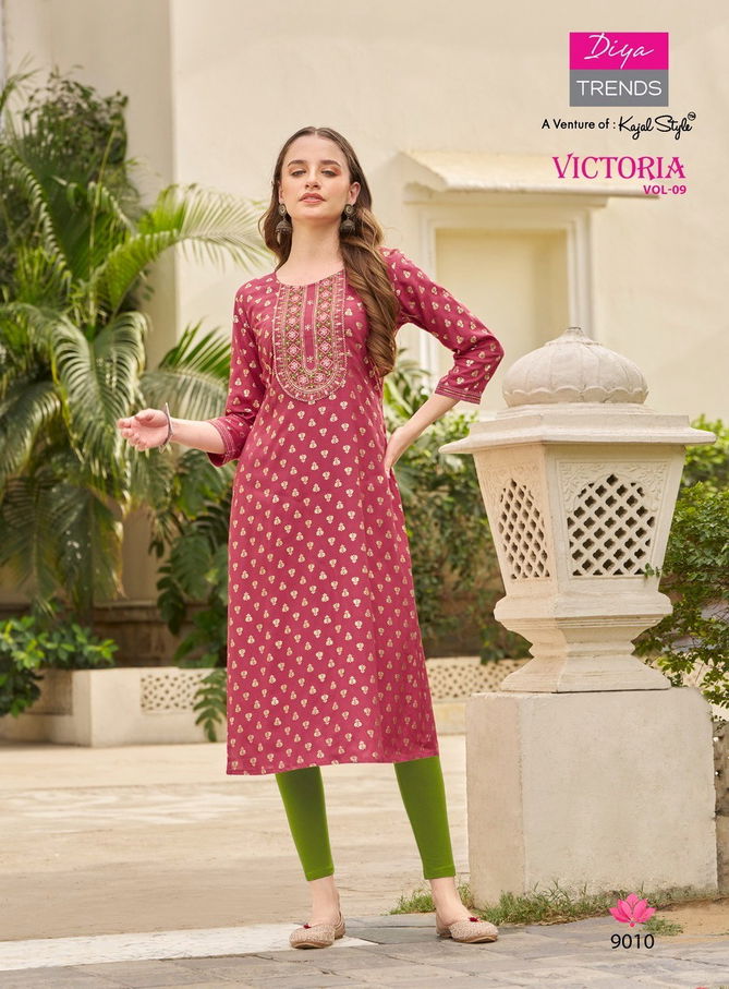 Victoria Vol 9 By Diya Rayon Foil Printed Kurtis Wholesale Shop In Surat
